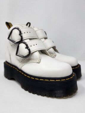 Dr. Martens Devon Heart White Leather Heart Buckle Platform Ankle Boots